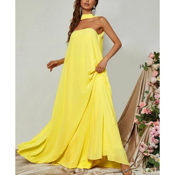Choker Neck Backless Maxi Dress Yellow FORMAL PROM WEDDING DATE VACATION - Picture 2 of 7